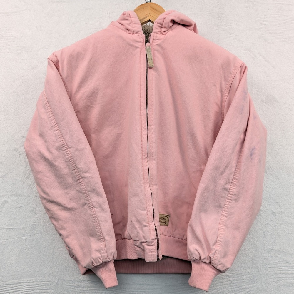 VTG Canvas Jacket Women XL Pink Sherpa Hooded Zip Up Workwear Carhartt Style Y2K